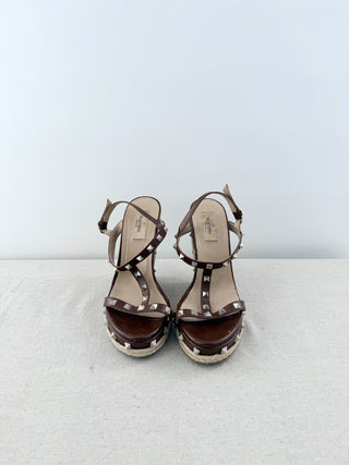 Valentino Garavani Leather Rockstud Espadrille Wedge Sandals Brown Women's 39.5