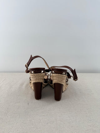 Valentino Garavani Leather Rockstud Espadrille Wedge Sandals Brown Women's 39.5