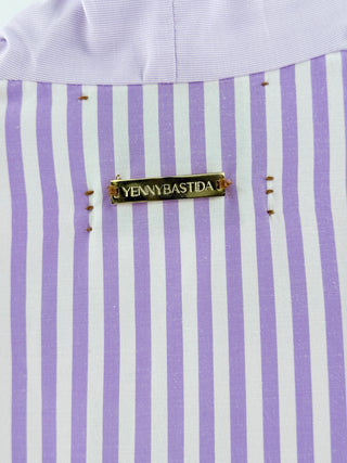 Yenny Bastida Purple striped puff sleeve dress, 10
