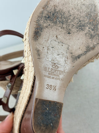 Valentino Garavani Leather Rockstud Espadrille Wedge Sandals Brown Women's 39.5