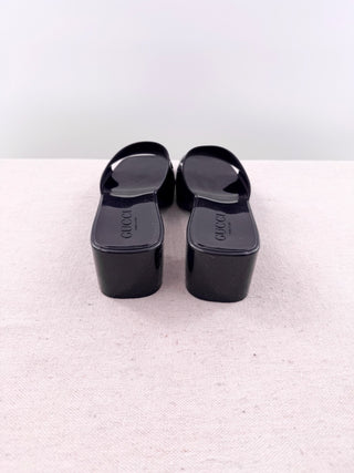 Gucci Rubber Logo Platform Block Heel Slide Sandals, 36