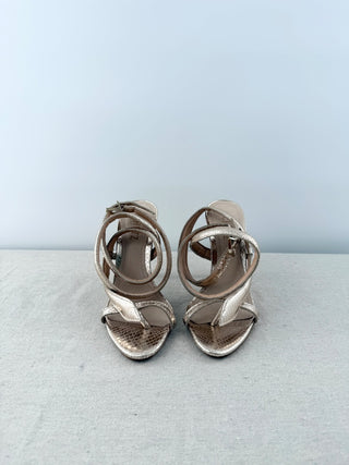 NWOT Schutz Courtney Metallic Embossed Leather Heeled Strappy Sandals Gold US 6
