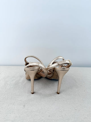 NWOT Schutz Courtney Metallic Embossed Leather Heeled Strappy Sandals Gold US 6