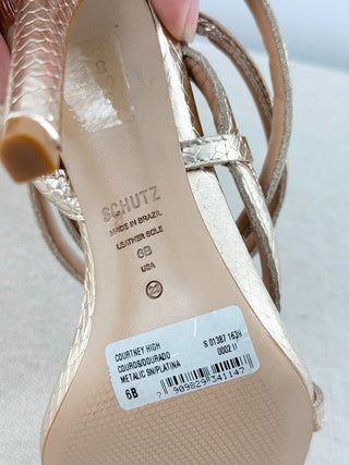 NWOT Schutz Courtney Metallic Embossed Leather Heeled Strappy Sandals Gold US 6