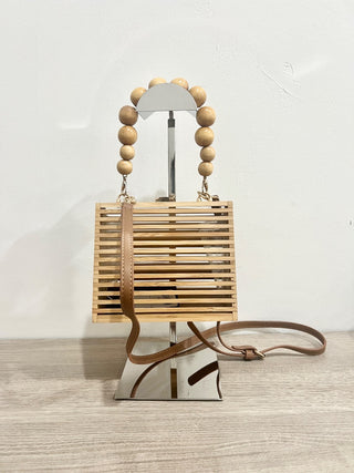 n.a. wooden bag with wood beaded handle
