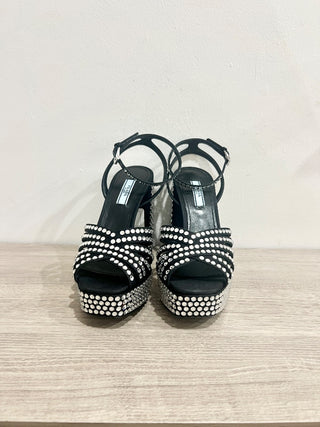 NWOT Prada Black Satin Crystal Embellished Ankle Strap Platform Sandals Black 37