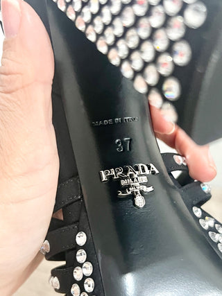 NWOT Prada Black Satin Crystal Embellished Ankle Strap Platform Sandals Black 37