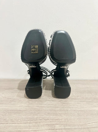 NWOT Prada Black Satin Crystal Embellished Ankle Strap Platform Sandals Black 37