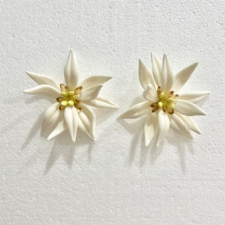 White Large Floral Plastic Stud Statement Earrings with Beaded Details