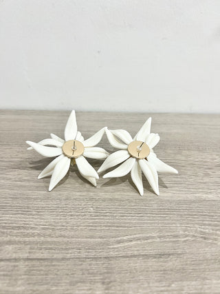 White Large Floral Plastic Stud Statement Earrings with Beaded Details