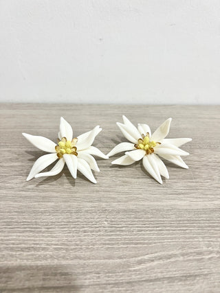 White Large Floral Plastic Stud Statement Earrings with Beaded Details