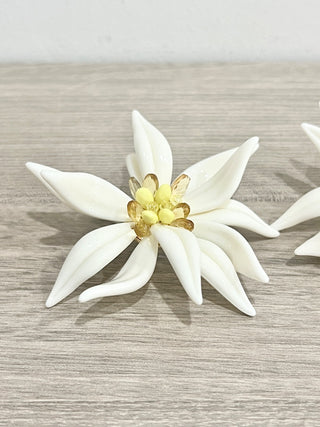 White Large Floral Plastic Stud Statement Earrings with Beaded Details
