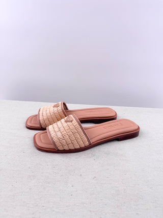 Prada raffia flat metal triangle sandals, 40