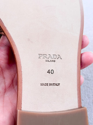 Prada raffia flat metal triangle sandals, 40