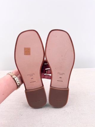 Prada raffia flat metal triangle sandals, 40