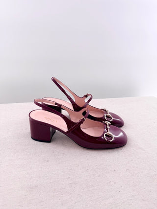 Gucci block heel patent leather horsebit slingback pumps, 37