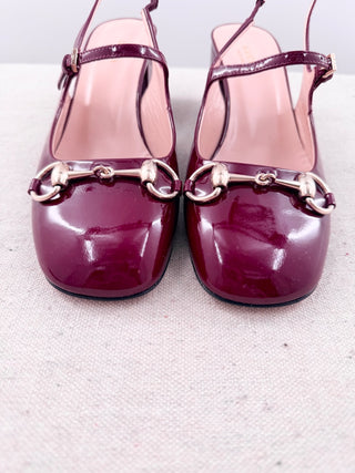 Gucci block heel patent leather horsebit slingback pumps, 37