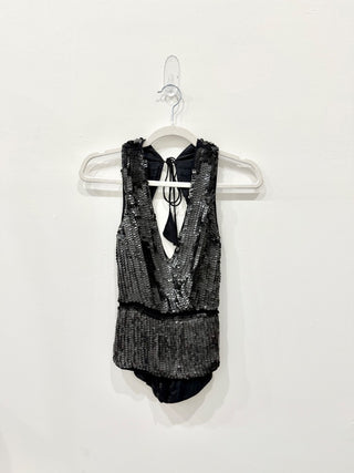 Cecilia De Bucourt Sequin Sleeveless V-Neck Open Back Blouse Top Black Women's S