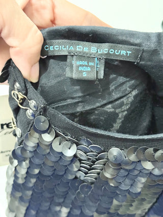 Cecilia De Bucourt Sequin Sleeveless V-Neck Open Back Blouse Top Black Women's S