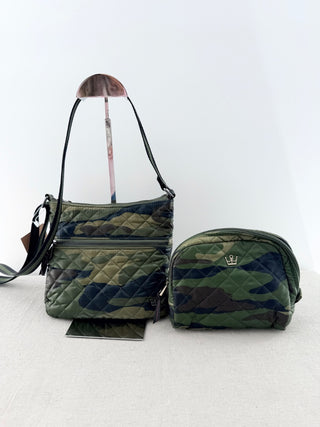 Oliver Thomas quilted nylon camo cross body bag and pouch