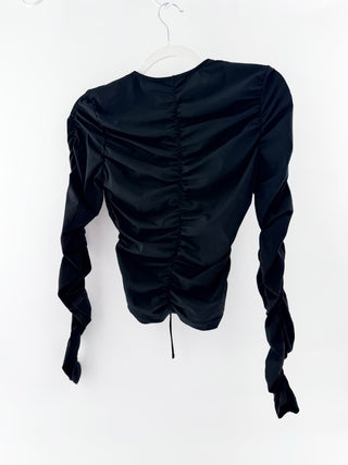Lioness Kalifornia Tie Front Long Sleeve Ruched Jersey Blouse Top Onyx Womens XS