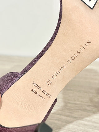 Chloe Gosselin Metallic Ankle Strap Stilettos Sandals Purple Women's Size EU 39