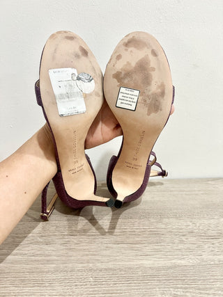 Chloe Gosselin Metallic Ankle Strap Stilettos Sandals Purple Women's Size EU 39