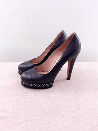 Chanel Leather CC Cap Toe Chain Platform Pumps, 39.5