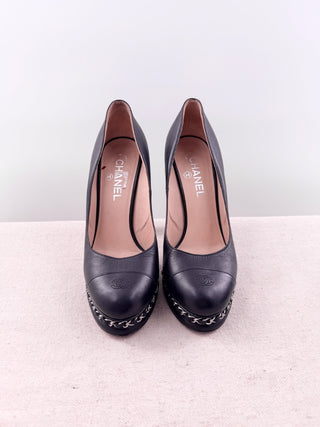 Chanel Leather CC Cap Toe Chain Platform Pumps, 39.5