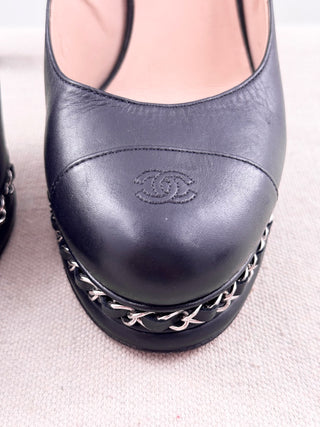 Chanel Leather CC Cap Toe Chain Platform Pumps, 39.5