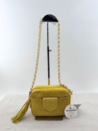 Chanel Quilted suede camera bag with tassel zipper, and gold strap