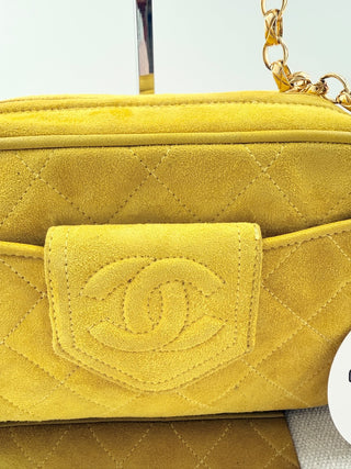 Chanel Quilted suede camera bag with tassel zipper, and gold strap