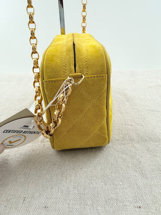 Chanel Quilted suede camera bag with tassel zipper, and gold strap