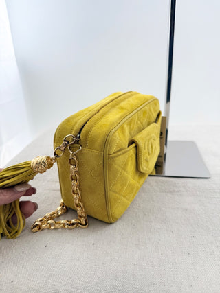 Chanel Quilted suede camera bag with tassel zipper, and gold strap