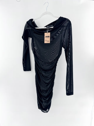 Lioness Off Shoulder Mesh Semi Sheer Ruched Bodycon Mini Dress Black Womens XS