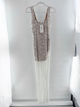 NWT Nadine Merabi Louisa Embellished Woven Slit Maxi Dress White White Womens S