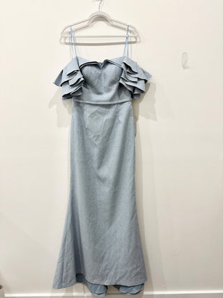 NWT Teri Jon by Rickie Freeman Jacquard Cascade Ruffle Mermaid Gown Light Blue 6