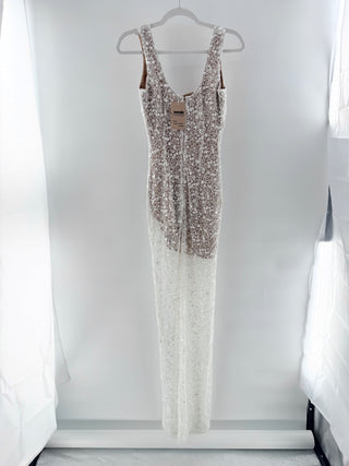 NWT Nadine Merabi Louisa Embellished Woven Slit Maxi Dress White White Womens S
