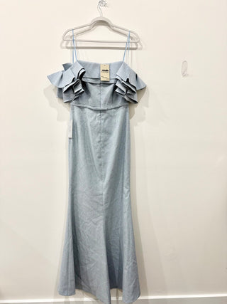 NWT Teri Jon by Rickie Freeman Jacquard Cascade Ruffle Mermaid Gown Light Blue 6