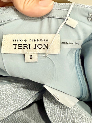NWT Teri Jon by Rickie Freeman Jacquard Cascade Ruffle Mermaid Gown Light Blue 6