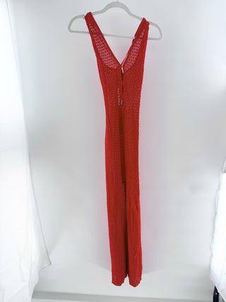 Monday Crochet Knit Sleeveless Keyhole V-Neck Long Cover Up Dress Red Women's XS