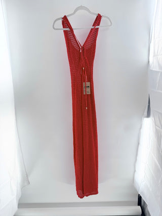 Monday Crochet Knit Sleeveless Keyhole V-Neck Long Cover Up Dress Red Women's XS