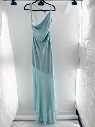 Luxxel satin maxi gown featuring draped cowl neckline, delicate spaghetti straps and elegant open strappy back, M