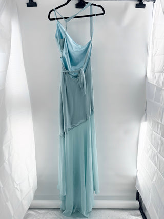 Luxxel satin maxi gown featuring draped cowl neckline, delicate spaghetti straps and elegant open strappy back, M