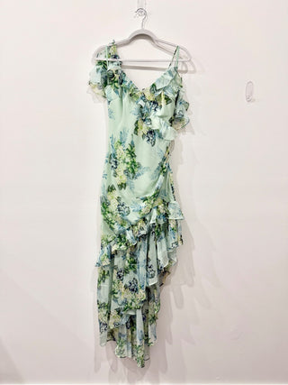 Vici Chelsea Floral Cold Shoulder V-Neck Ruffle Hi-Low Maxi Dress Green Womens S