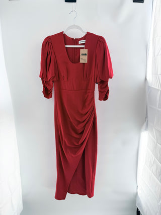Self Portrait Puff Sleeve Scoop Neck Ruched Midi Pencil Dress Red Women's Size 2