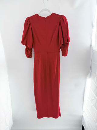 Self Portrait Puff Sleeve Scoop Neck Ruched Midi Pencil Dress Red Women's Size 2