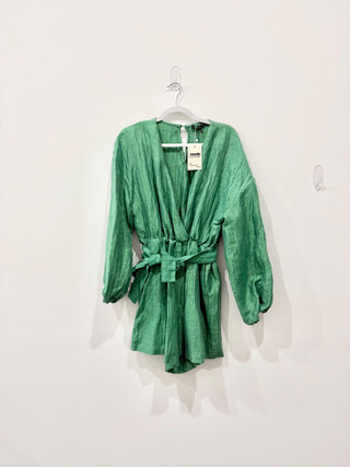 Maje Long Sleeve V-Neck Wide Leg Short Belted Romper Green Women's Size 8
