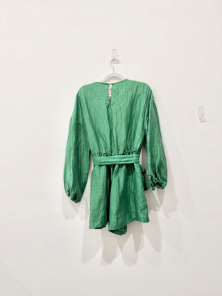 Maje Long Sleeve V-Neck Wide Leg Short Belted Romper Green Women's Size 8