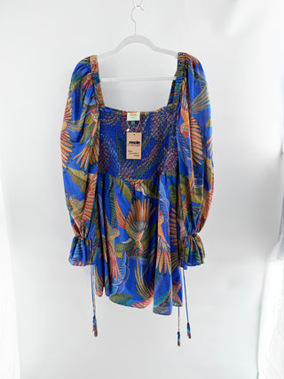 Farm Rio tropical tapestry mini dress featuring smocked bodice, square neckline, voluminous long sleeves with ruffle cuffs, L